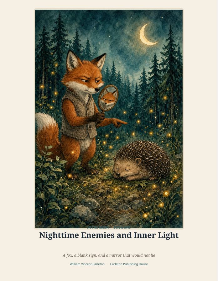 Cover of Nighttime Enemies and Inner Light, A fox, a blank sign, and a mirror that would not lie, by William Vincent Carleton