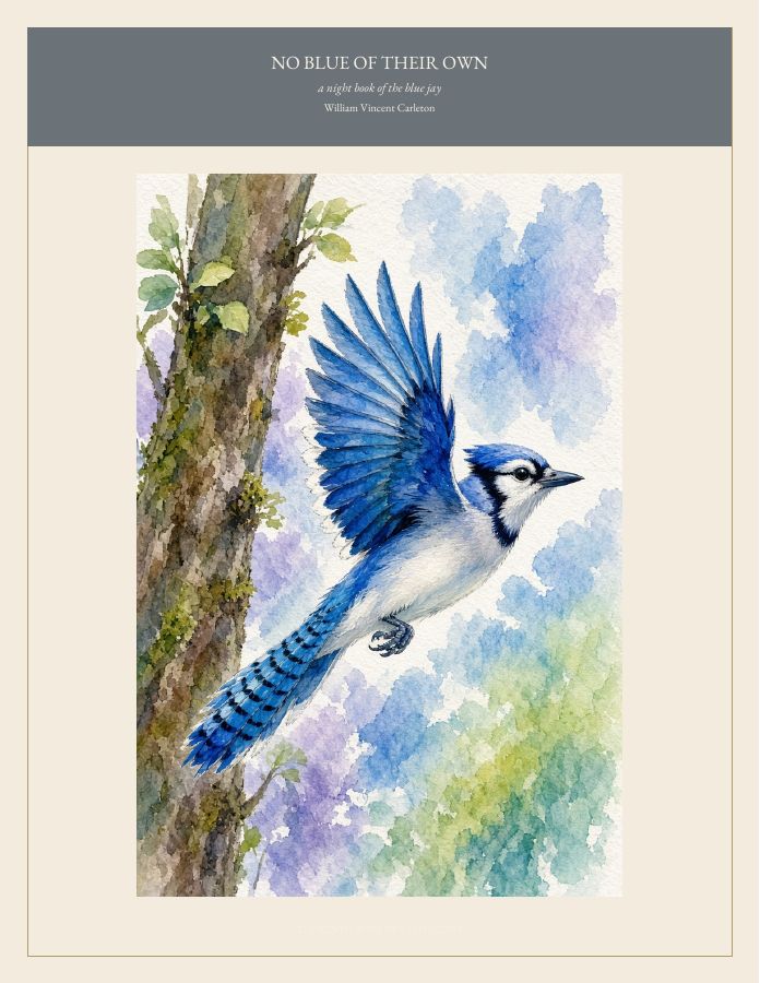 Cover of NO BLUE OF THEIR OWN, a night book of the blue jay, by William Vincent Carleton