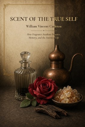 Cover of Scent of the True Self: How Fragrance Awakens Presence, Memory, and the Anointed Life, by William Vincent Carleton. A still life of a glass decanter, a copper ewer, a red rose, resin and wood.