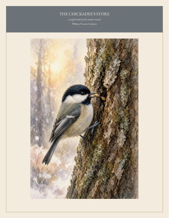 Cover of THE CHICKADEE'S STORE, a night book of the winter mind, by William Vincent Carleton