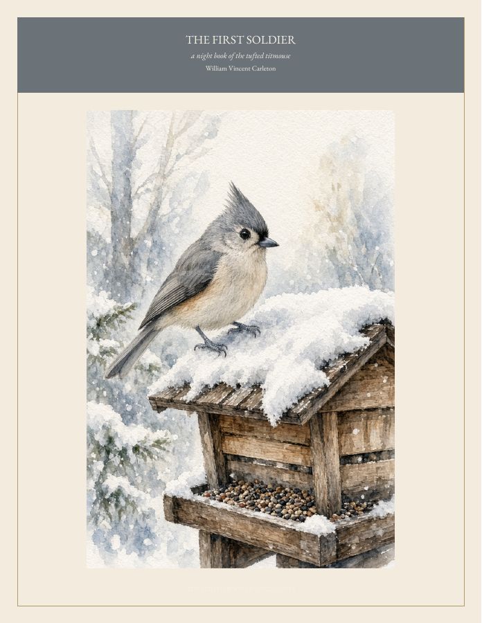 Cover of THE FIRST SOLDIER, a night book of the tufted titmouse, by William Vincent Carleton