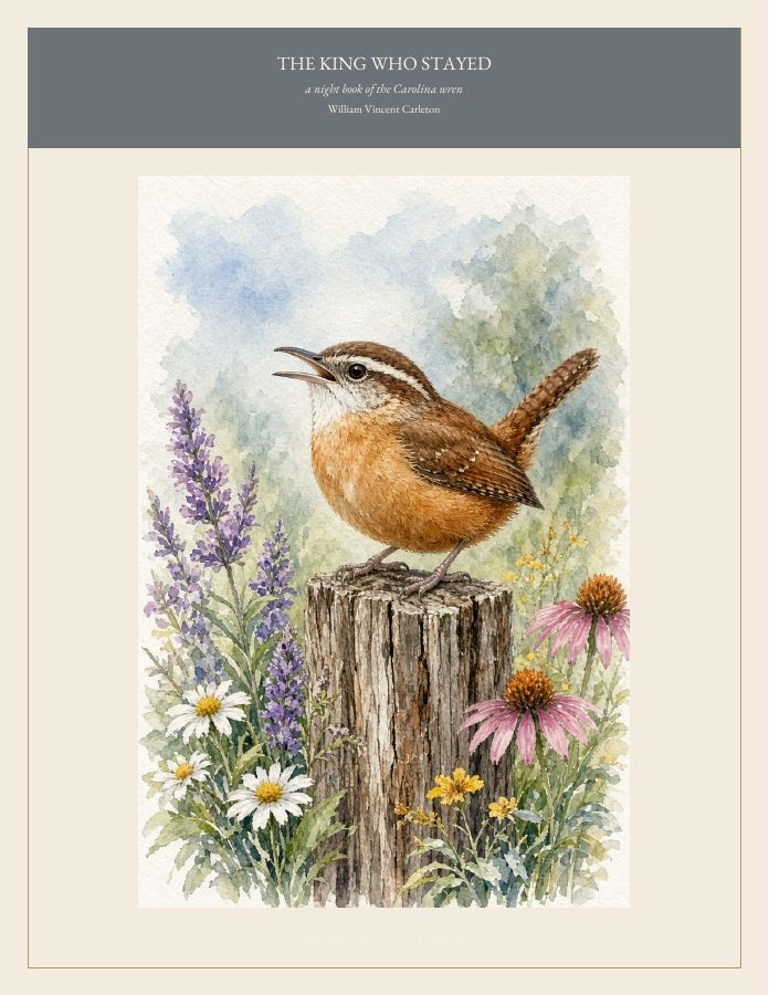 Cover of THE KING WHO STAYED, a night book of the Carolina wren, by William Vincent Carleton
