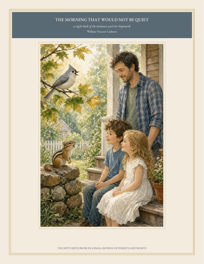 Cover of THE MORNING THAT WOULD NOT BE QUIET, a night book of the titmouse and the chipmunk, by William Vincent Carleton