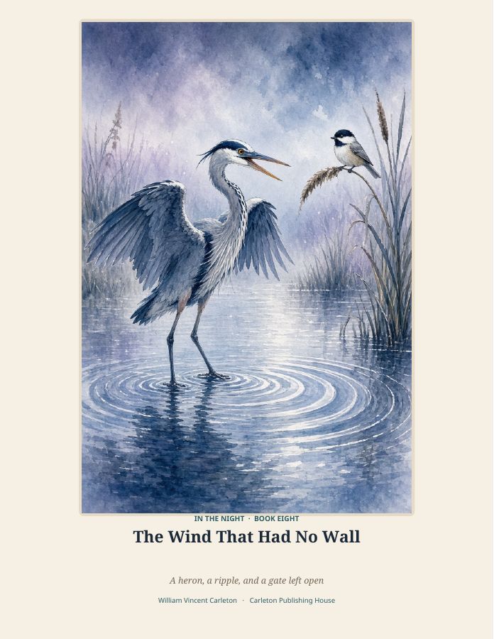 Cover of The Wind That Had No Wall, A heron, a ripple, and a gate left open, by William Vincent Carleton