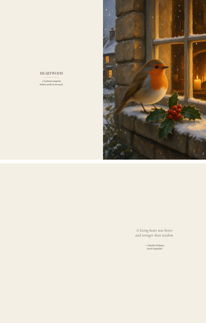 A robin on a snowy windowsill with candlelight and holly