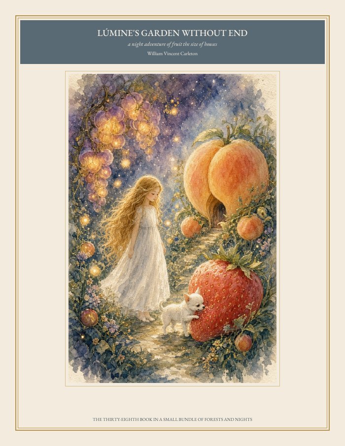 Cover of Lúmine's Garden Without End, a night adventure of fruit the size of houses, by William Vincent Carleton