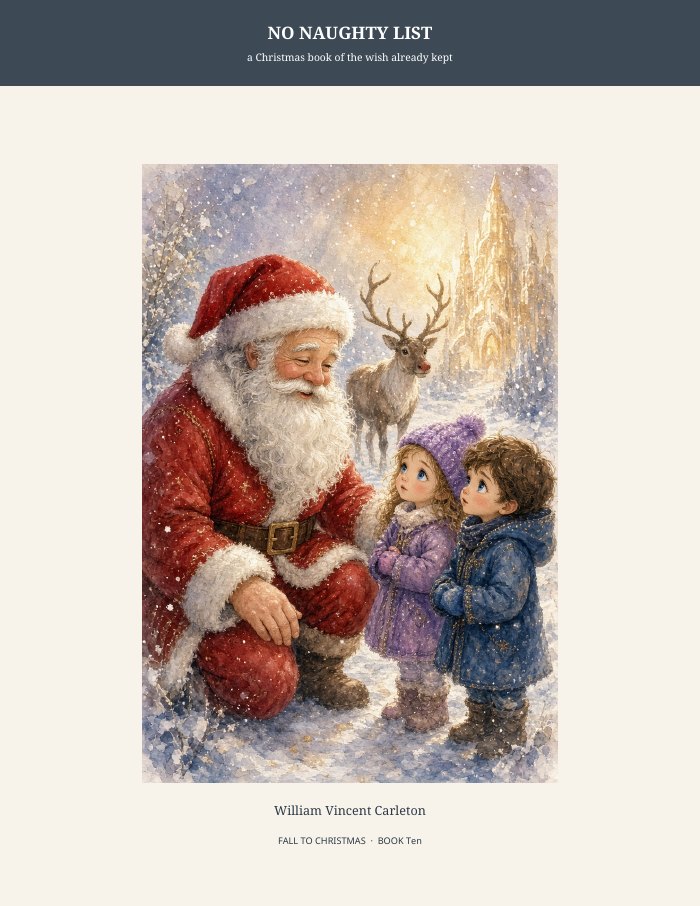 Cover of No Naughty List, a Christmas book of the wish already kept, by William Vincent Carleton