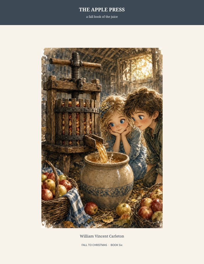 Cover of The Apple Press, a fall book of the juice, by William Vincent Carleton