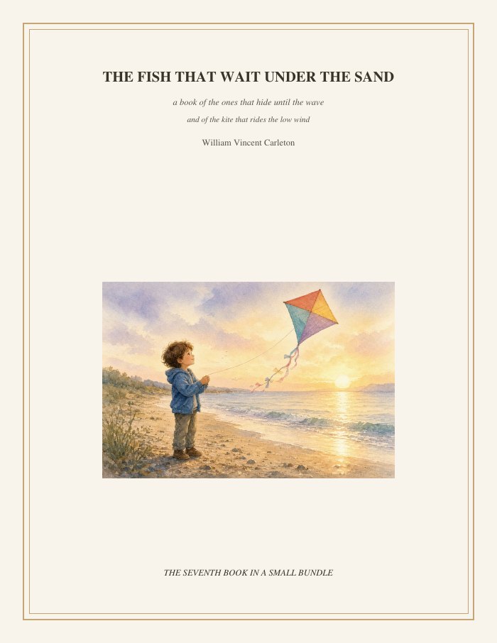 Cover of The Fish That Wait Under the Sand, a book of the ones that hide until the wave and of the kite that rides the low wind, by William Vincent Carleton